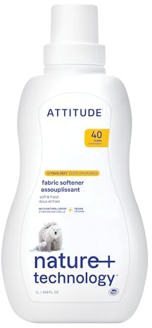 ATTITUDE Liquid Fabric Softener, Plant-Based & Vegan, HE Compatible, Naturally Derived, Citrus Zest Scent, 40 Loads, 1 Liter