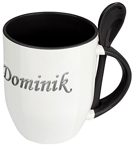 digital print Namenstasse Dominik - Löffel-Tasse mit Namens-Motiv Chrom-Schriftzug - Becher, Kaffeetasse, Kaffeebecher, Mug - Schwarz
