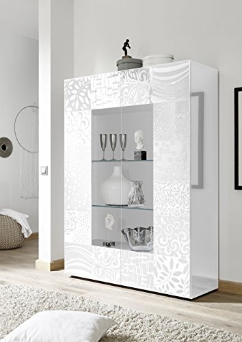 Web Convenienza Vetrina 2 Ante - Made in Italy - Collezione Miro Vetrinetta per Soggiorno Cucina Sala da Pranzo Moderno - Color Bianco Lucido Serigrafato