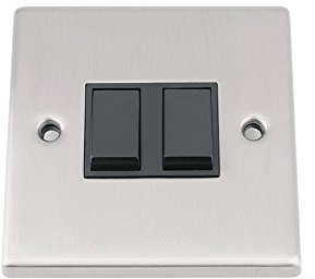 Light Switch 2 Gang - Satin Matt Chrome - Square - Black Insert Plastic Switch - 10 Amp Double 2 Gang 2 Way