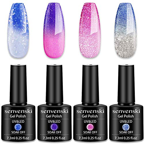 Senvenski Cambiamento di colore Smalto Semipermanente Kit Unghie Blu Rosa Viola Glitter Gel Termico Temperatura UV LED Vernice Manicure Nail Art (WB001)