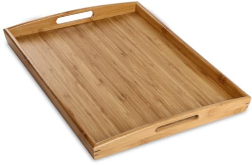 Joy&Grace Bamboo Serving Tray with Handles, Dinner Food Tray for Bed Breakfast Eating and Serving, for Coffee Table Ottoman TV, Decorative Wood Large Charcuterie Platter 16.8 x 12.5 inch 1 Pack