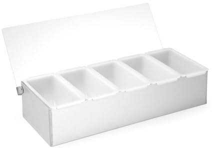 HENDI Boîte à Ingrédients BarUp, Organiseur de Condiments pour Bar, Station de Garniture avec Couvercle Transparent, 5 Bacs en HDPE, 375x140x(H)90mm, Acier Inoxydable