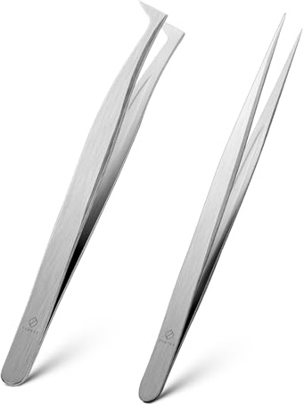 FERYES Wimpernpinzette für Wimpernverlängerung, 2 Stück Gerade und gekrümmte spitze Wimpern Pinzette Professionelles Set für 3D 5D Individuelle Mink Wimpernverlängerung