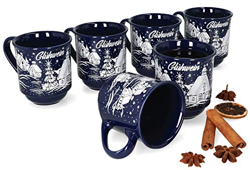 MamboCat Set di 6 bicchieri per vin brulé, 0,2 l, blu scuro, paesaggio natalizio, classiche, in ceramica, calibrate, ideali per il mercatino di Natale, i prodotti professionali e la gastronomia