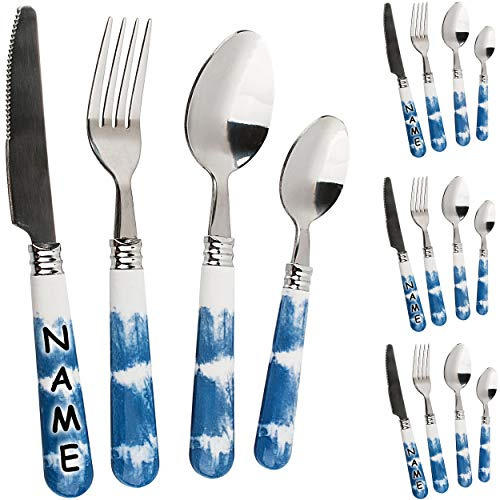 alles-meine.de GmbH 16 TLG. Besteckset - aus Edelstahl - Wolken Muster - blau & weiß - rostfreier Stahl/Edelstahl - inkl. Name - spülmaschinenfest - für 4 Personen - je 4 Stück..