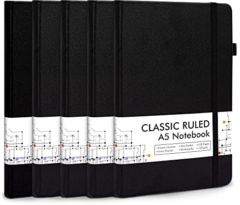 feela Notizbuch A5 liniert Hardcover, 5 Notizbücher Set, Journal Buch mit 3 Gelstifte schwarz, 120 GSM, 13x21cm, Notizblock Set geeignet für Büro, Schule, für Kinder und Erwachsene, Din A5, Schwarz