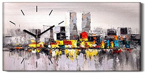 Coloray Uhr auf Leinwand - Schwarze Hände - Wohnzimmer Dekoration Segeltuch Ohne Tickendes Geräusc Kunst Wand Uhr - New York abstraktes buntes Wasser