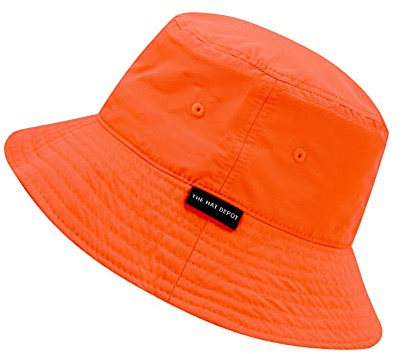 The Hat Depot Youth Kids Washed Cotton & Lightweight Nylon Packable Bucket Travel Hat Cap (7-10 yrs, 2. Lightweight - Neon Orange)