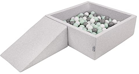KiddyMoon Spielplatz Aus Schaumstoff Mit Quadrat Bällebad (100 Bälle) Ballgruben Für Babys Spielbad Hindernisläufen, Hergestellt In Der EU, Hellgrau:Weiß/Grau/Minze