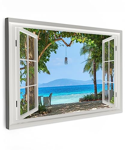 MuchoWow© Leinwand Bilder, Einzigartige Wanddeko mit Rahmen, Aussicht | 90x60 cm - Baum - Meer - Palme - Hügel - Strand - Blau, Wandbilder Wohnzimmer, Deko Schlafzimmer