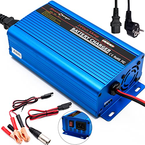 Chargeur de Batterie 24 Volts Chargeur de Batterie Intelligent entièrement Automatique Chargeur d'entretien Chargeur de Batterie de Voiture 5A Connecteur Alligator XLR 3 Broches avec Interrupteur I/O