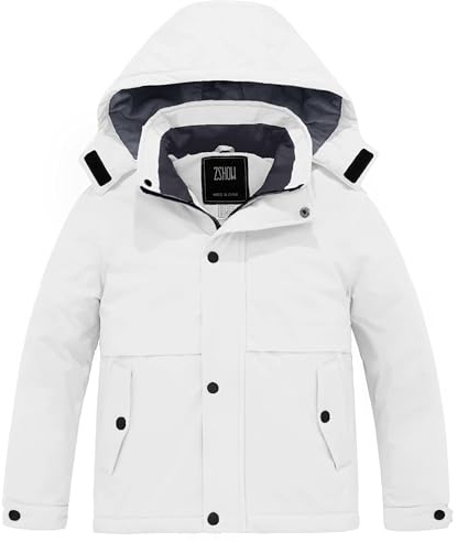 ZSHOW Boy's Ski Jacket Waterproof Thick Quilted Snowboarding Coat with Removable Hood(White,8)