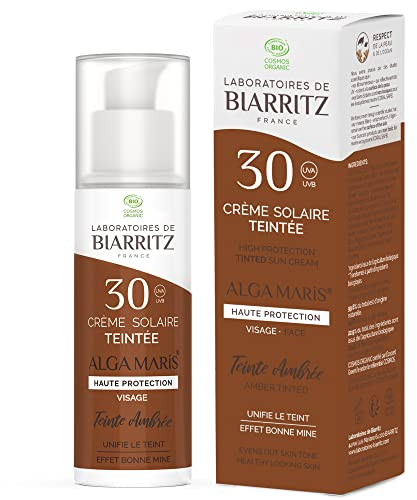 Laboratoires de Biarritz - Crème Solaire Visage Teintée Ambrée - SPF30 - ALGA MARIS® Certifiée Bio - Protection Anti-UVA/UVB et Lumière Bleue - 50 ml - Fabriquée en France