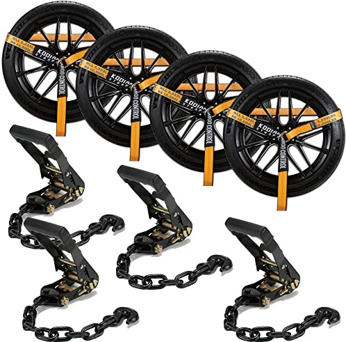 Ratchet Car Tie Down Lasso Tire Strap (4 PK) with Chain Hook Anchors for Trailers- 2 Inch x 12 Feet -Cut & Tore Resistant - Heavy Duty 3333lbs Working Load for Hauling Cars KODIAK STRAPS