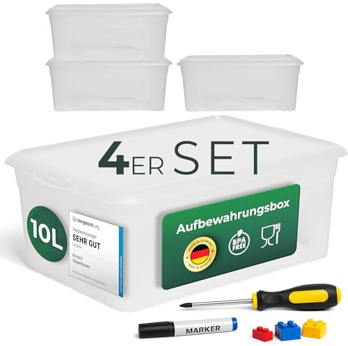 Novaliv 4x Aufbewahrungsboxen mit Deckel 10L transparente Boxen stapelbare Nestbar Storage boxes mit Clipverschluss Kunststoff BPA-frei 37x26x14 cm