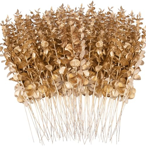 FEQO 120 Pcs Gold Artificial Eucalyptus Stems 15 Faux Eucalyptus Branches