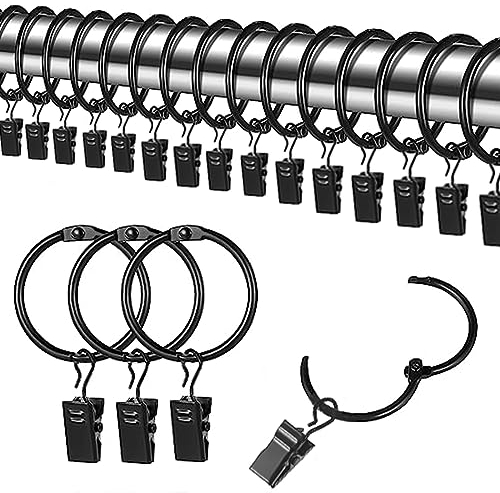 Gardinenklemmen mit Ringen, 50 Stück, 38 mm Innendurchmesser Gardinenringe, Vorhang Ringe mit Klammer Haken (Schwarz)