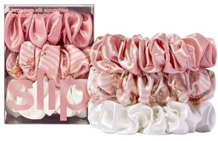 Slip Silk 100% Maulbeerseide Haargummi Set - Schonende Zopfgummis gegen Haarbruch, 3 Scrunchies - Rosa, Weiß, Petal