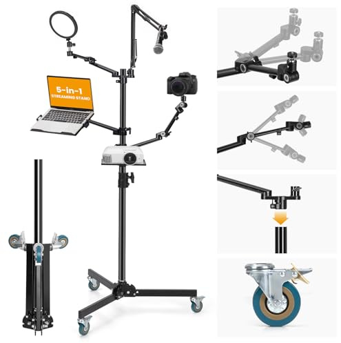 TARION Live Streaming-stativ med hjul – 155 cm (61) 5-i-1 strömstativutrustningssats: 1 mikrofonbom + 3 ledade armar + 1 projektorhållare, justerbart tungt golv levande trästativ Setup TitanRig