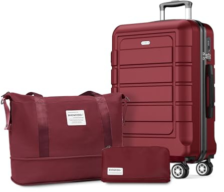 SHOWKOO Valigia Media Rigida 67cm Trolley Bagaglio a Mano Ultra Leggero ABS+PC Espandibile Durevole Set Valige Trolley da Viaggio Chiusura TSA con Borsa da Toilette e Borsa da Viaggio, Rosso