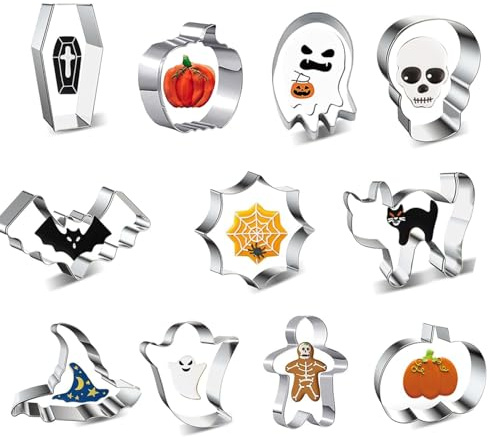 11 Stück Halloween Ausstechfomen Set,Halloween Ausstechformen,Edelstahl Ausstechformen,Kürbis, Geist, Katze, Fledermaus, Hexenhut.