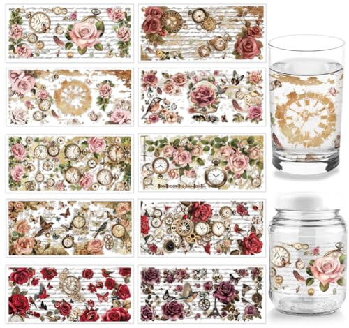 arricraft 10 Blatt Vintage Blumen UV DTF Cup Wrap Taschenuhrturm Vögel Schmetterlinge Abziehbilder PVC Transferaufkleber Zum Aufreiben Für Selbstgemachte Tassen Flaschen Holzmöbel