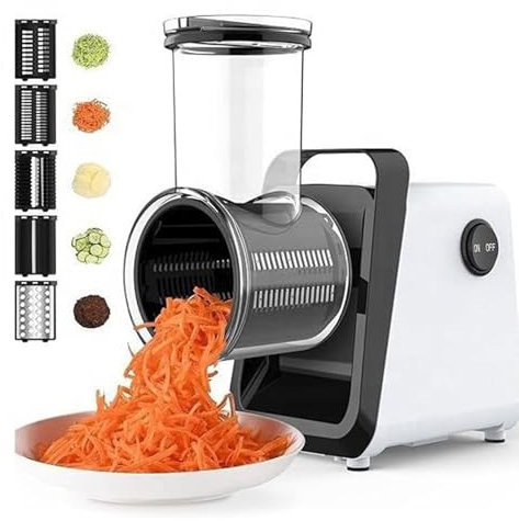 Râpe à fromage électrique, 400 W, broyeur de fromage électrique, machine à salade pour carottes, légumes, trancheuse de légumes électrique avec 5 lames différentes, entrée élargie et distributeur