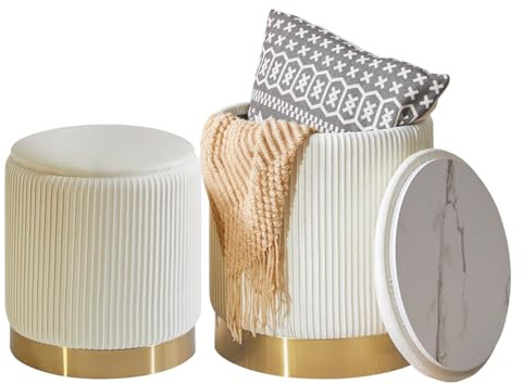 IBUYKE Set med 2 runda ottomaner med lagring för metallringdekoration, sammets färgad sminkhocker för make-up, modern vadderad sits soffbord, multifunktionell fotstödstol för vardagsrum, vit WBD016W