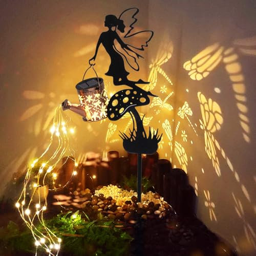 HUYIENO 1Pack Solar Metal Watering Can with Fairy Angel Solar Hanging Lantern with Shepherd Hook 36 Warm White LEDs Outdoor Led Garden Lights for Lawn Walkway Yard Decor
