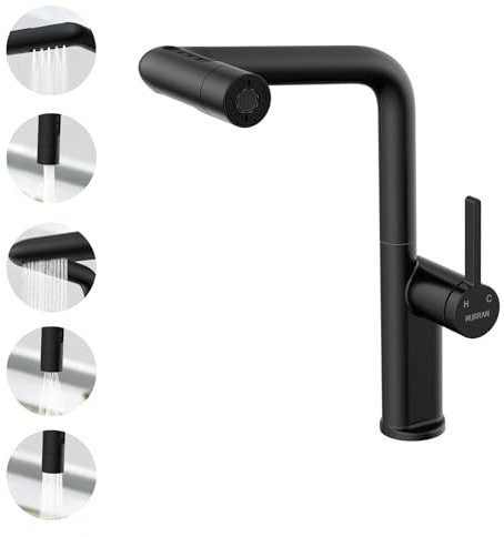 Wasserhahn Küche mit Ausziehbrause, HURRAN Küchenarmatur mit 5 Auslaufmodi, 360° Schwenkbarer Einhebelmischer, Schwarz Matt