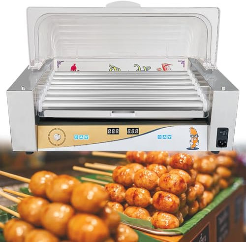GESAIDES Parrilla Eléctrica Comercial para Perritos Calientes, 7 Rodillos para 18 Perritos Calientes, Máquina para Asar Perritos Calientes de Acero Inoxidable con Tapa, 1050 W
