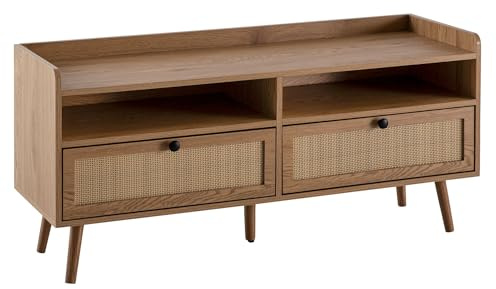FineBuy Lowboard 120x39x56 cm Eiche-Dekor Rattan mit Schubladen | TV-Kommode mit Wiener Geflecht Fronten, Fernsehschrank hoch, Fernsehtisch für Fernseher bis 55 Zoll