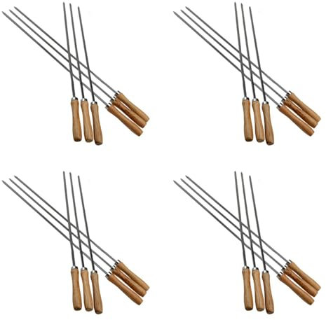 Kznifmk Brochetas de Acero Inoxidable BBQ Kebab con Manejars de Madera Palitos de Broche de Metal Reutilizables Planos con Bolsa de Almacenamiento 24 Piezas
