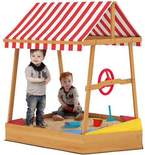 AIYAPLAY Bac à Sable en Bois pour Enfants, bac à Sable avec Couvercle Toit de Protection UV, bac à Sable en Forme de Bateau, sièges, gouvernail et Sol en Non-tissé Inclus, 133 x 101 x 141 cm, Jaune