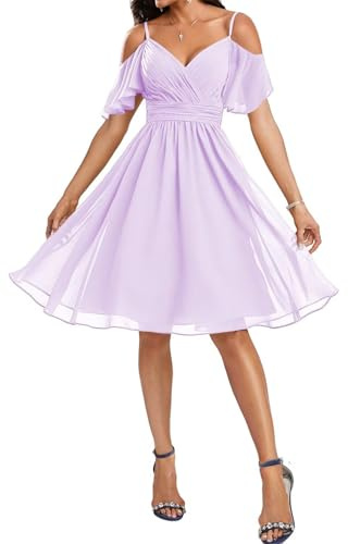 HPPEE Chiffon, schulterfrei, Brautjungfernkleider für Junioren, V-Ausschnitt, kurzes, formelles Abendkleid, Flieder, 44