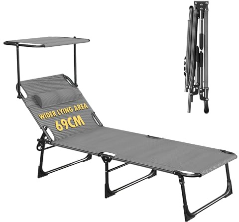 XL Sonnenliege mit Dach, 193x59cm Wetterfeste Gartenliege,Stabile Strandliege Klappbar & Leicht, mit Sonnenschutz & Verstellbarer Rückenlehne, bis 150 kg,für Garten Terrasse Camping, Schwarz