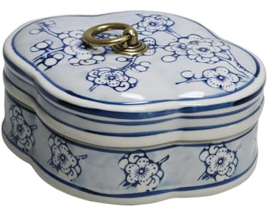 Decorative Large Ceramic Jewelry Box Vintage Floral Treasure Chest Case Trinket Organizer Earring Necklace Bracelet Storage Ring Holder Keepsake for Women Girls Birthday Gift Home Decor -Blue & white
