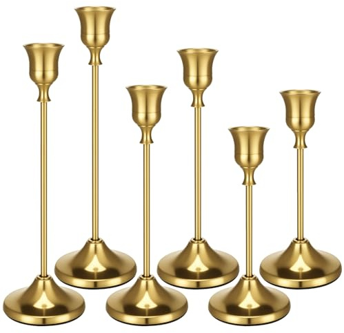 6 Pcs Candle Holders Candlestick, Metal Candle Stand Holder Retro Pillar Candle Holder for Home Party Living Room, Wedding Thanksgiving Christmas Advent Dinning Table Mantel Decoration(Brass Gold)