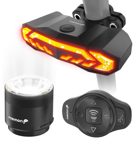 Fosmon – Luce Posteriore per Bicicletta con Fanale Anteriore, Allarme 110dB, Freccia, Luci Frenaggio Automatico, Campanello - con Telecomando - Ricaricabile USB-C - Accessorio Bici Antifurto 5-in-1