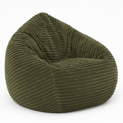 PATCH HOME Cordino Drop Sitzsack aus Breitcord – Bodensitzsack mit EPS-Füllung – Bequemer Lounge-Sessel für Erwachsene & Kinder – 3 Größen – Stylischer Cord Sitzsack mit Reißverschluss (Olivegrün, L)