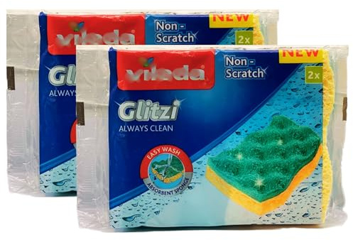 Spugna Abrasiva Glitzi ALWAYS CLEAN Giallo/Verde. Speciale Lato Abrasivo Per Rimuovere Efficacemente, Senza Graffiare, Anche Lo Sporco Più Ostinato (2 Confezioni)