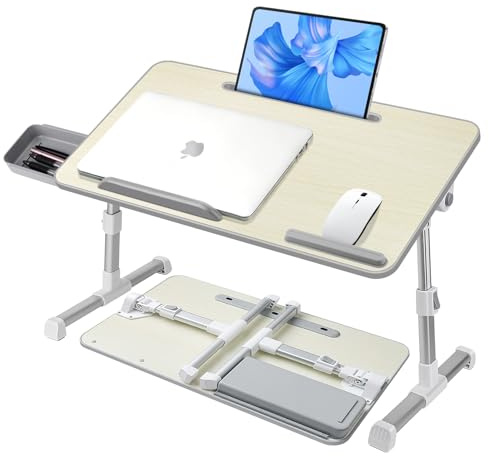 AirOpen Laptop-skrivbord för Säng, Justerbar Höjd och Vinkel, Knäskrivbord med Surfplattestativ och Låda, Passar Bärbar Dator Upp Till 17,3 Tum, Stativ för Säng, Sovva, Golv (60 x 34 cm, Beige)