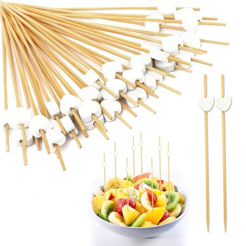 100 Stück Holzspieße,Holz Cocktailspieße,Weiße Herzen Spieße Fingerfood | 12cm Zahnstocher Holz,Cocktail Deko,Buffet Zubehör,Partyspieße,Obstspieße,Cocktail Sticks Für Grillgut,Desserts,Obst,