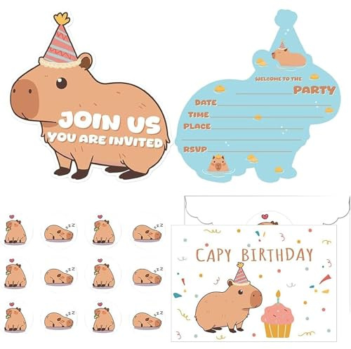 Nymora Tarjetas de Invitación de Cumpleaños Capybara - Set de 12 para Niñas con Sobres y Pegatinas - Invitaciones de Fiesta de Cumpleaños y Baby Shower