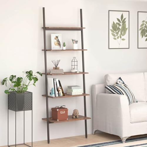 Ziaphsol Dunkelbraunes Leiterregal mit 5 Böden, 64x34x185,5 cm, stabiles Stahlgestell, offenes Design, vielseitige Aufbewahrung für Bücher, Pflanzen und Deko, ideal für Wohnzimmer