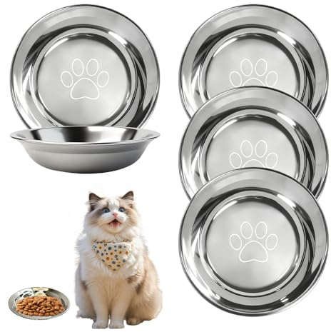 Jonuin Stainless Steel Cat Bowls, 4 PCS 14cm/5.5 inches Whisker Friendly Pet Food Bowls, Basic Cat Dishes for Elevated Stand, Pet Feeding Plates for Cats, Kittens, Puppies, Rabbits & Small Animals
