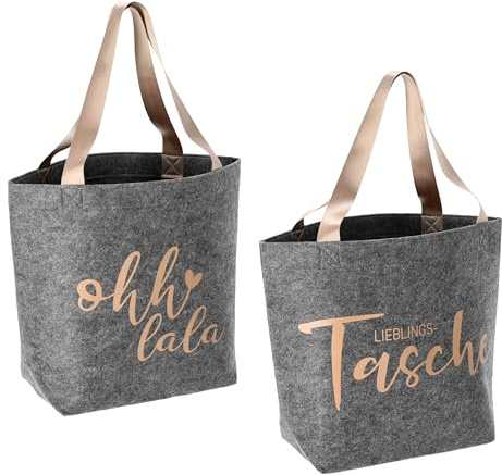mucHome Filz Einkaufstasche Set, Grau mit Bronze-Print, 2 Stück, 49x38x18,5cm, Polyester Filz mit Nylon-Henkeln, Lieblingstasche und Ohh lala Design