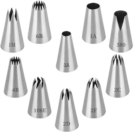 VIVIIHOO Juego 10 boquillas Profesionales de tuberías Grandes, Set de boquillas y Accesorios para Bolsas de tubería Hechos de Acero Inoxidable para Pasteles, Tartas, Galletas - Reutilizables