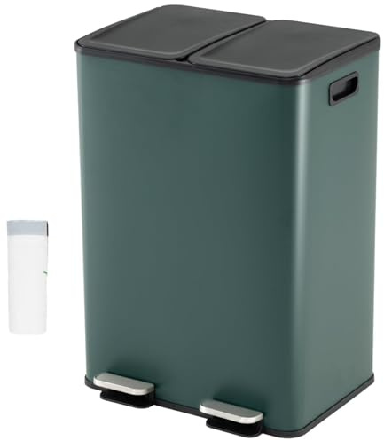 TANGZON 2x30L Recycling Pedal Bin, Double Kitchen Waste Bin with Plastic Inner Bucket, Soft Closure, Deodorant Boxes & 15 Trash Bags, Fingerprint Proof Airtight Stainless Steel Trash Can (Dark Green)